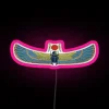 Neon sign of an Egyptian winged scarab, symbolizing the god Khnum.
