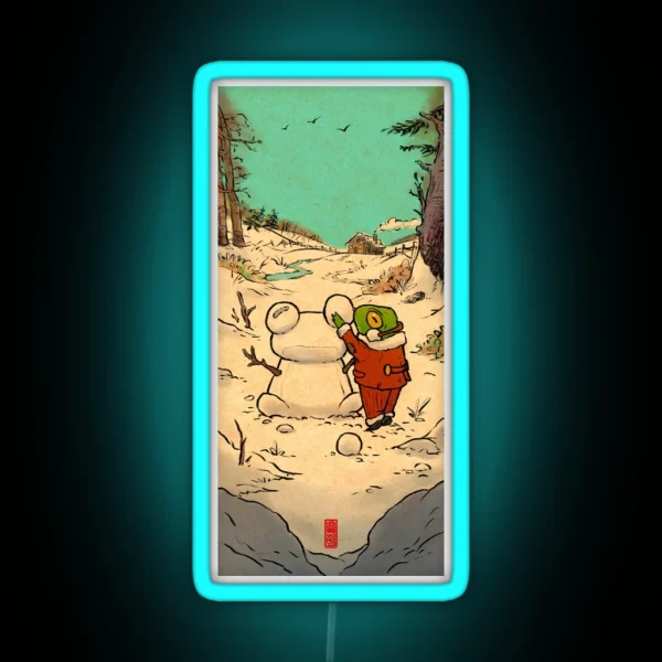 Winter Day Frog Building A Snowman Illustration RGB Neon Sign