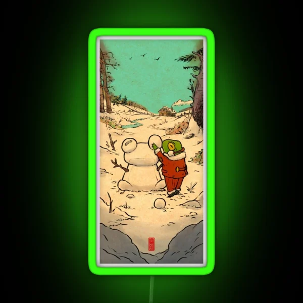 Winter Day Frog Building A Snowman Illustration RGB Neon Sign