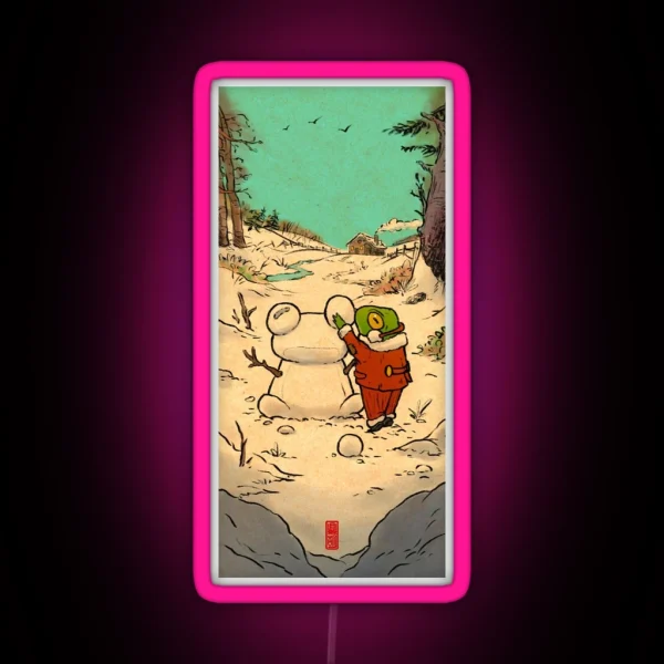 Winter Day Frog Building A Snowman Illustration RGB Neon Sign