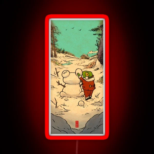 Winter Day Frog Building A Snowman Illustration RGB Neon Sign