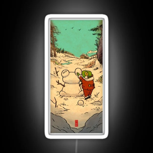 Winter Day Frog Building A Snowman Illustration RGB Neon Sign