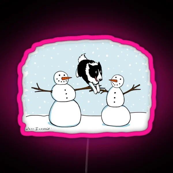 Winter Fun Border Collie With Snowmen Cute Dog Holiday RGB Neon Sign