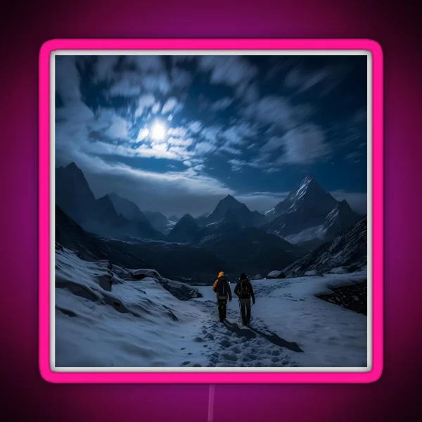 Winter Night Hike A Journey Through Snowy RGB Neon Sign