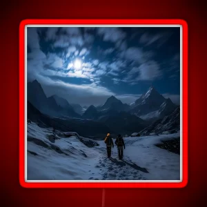 Winter Night Hike A Journey Through Snowy Peaks RGB Neon Sign