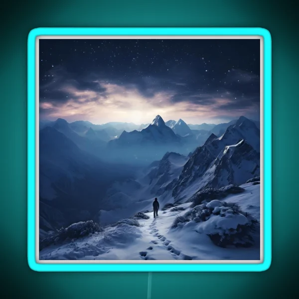 Winter Night Hike Snowy Mountains And RGB Neon Sign
