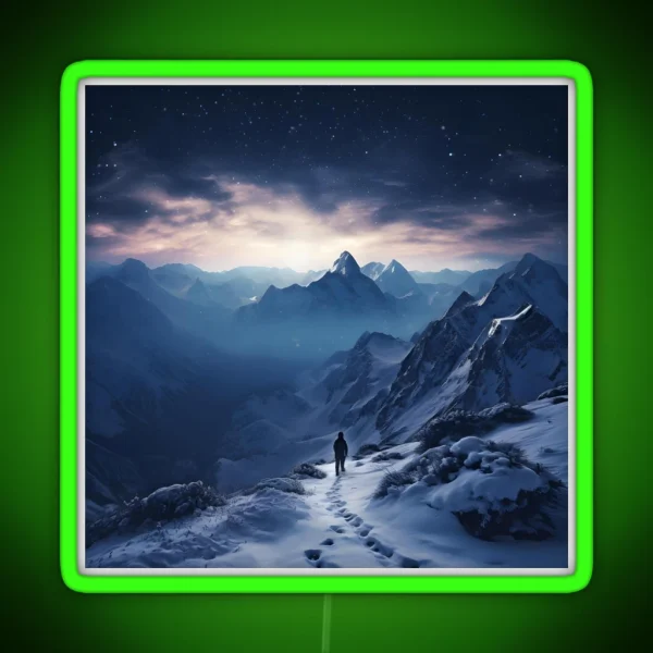 Winter Night Hike Snowy Mountains And RGB Neon Sign