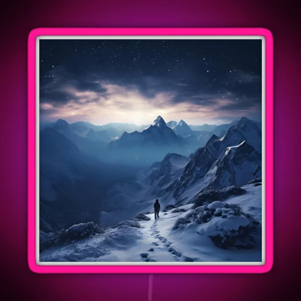 Winter Night Hike Snowy Mountains And RGB Neon Sign