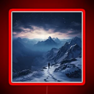 Winter Night Hike Snowy Mountains And Celestial Wonders RGB Neon Sign