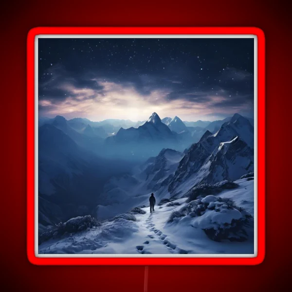 Winter Night Hike Snowy Mountains And RGB Neon Sign