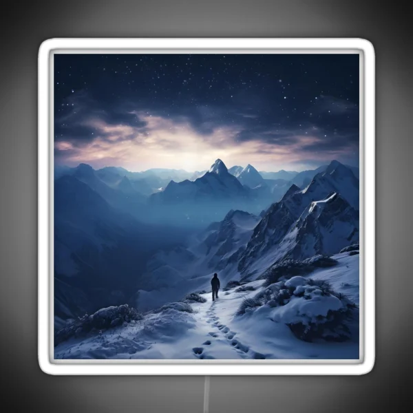 Winter Night Hike Snowy Mountains And RGB Neon Sign