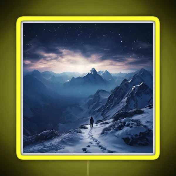 Winter Night Hike Snowy Mountains And RGB Neon Sign