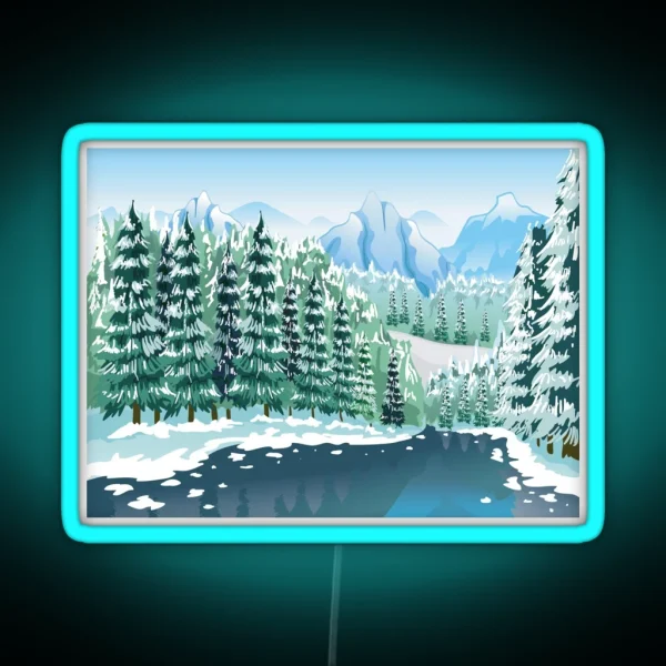 Winter Scenery Snowy Mountain Peaks Coniferous Trees RGB Neon Sign