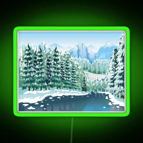 Winter Scenery Snowy Mountain Peaks Coniferous Trees RGB Neon Sign
