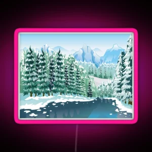 Winter Scenery Snowy Mountain Peaks Coniferous Trees And Pond In A Forest RGB Neon Sign