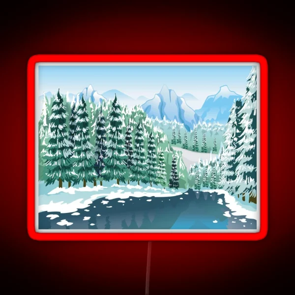 Winter Scenery Snowy Mountain Peaks Coniferous Trees RGB Neon Sign