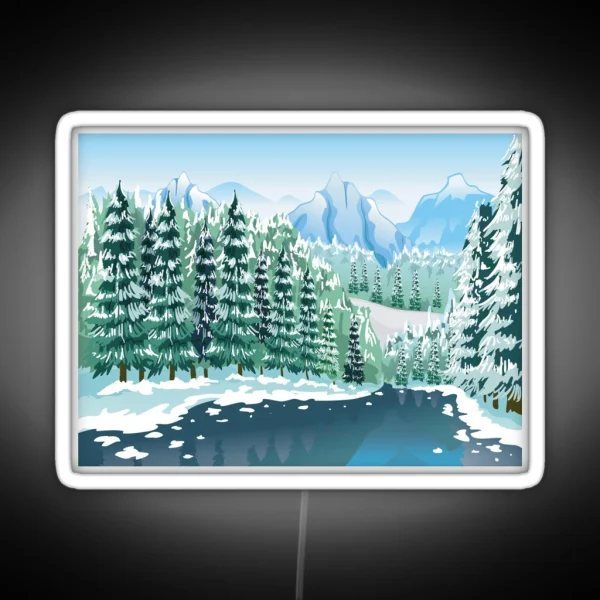 Winter Scenery Snowy Mountain Peaks Coniferous Trees RGB Neon Sign