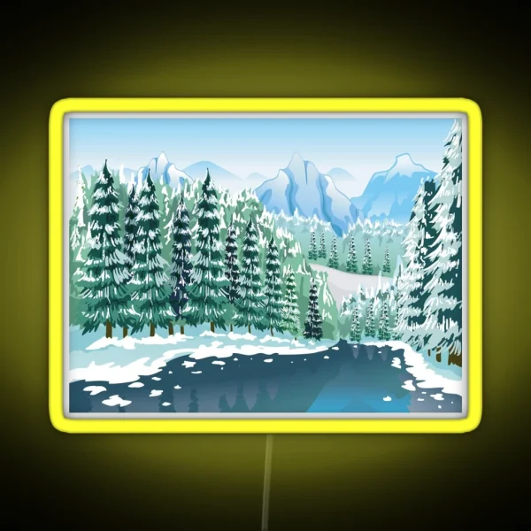 Winter Scenery Snowy Mountain Peaks Coniferous Trees RGB Neon Sign