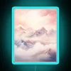A winter wonderland scene of snow-capped mountains under a neon blue sky.