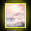 Snow-covered mountain landscape with vibrant neon signs at dusk in watercolor style.