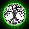 Mystical tree in fantasy landscape with neon accents