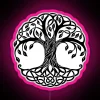 Neon-lit mystical tree with vibrant pink foliage, surrounded by wispy fantasy elements.