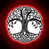 Mystical tree in fantasy landscape with neon signs.