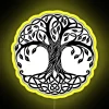Majestic mystical tree in vibrant neon hues, surrounded by celestial elements.