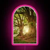 RGB neon sign of a mystical tree with pink glow, representing wisdom and knowledge.