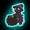 Neon sign featuring a witch cat in vibrant blue hues, surrounded by colorful neon lights.