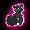 Neon sign featuring a stylized cat with witch's hat and colorful neon lights, set against a dark background.