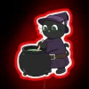 Neon sign featuring a witch's cat with vibrant colors and digital effects.