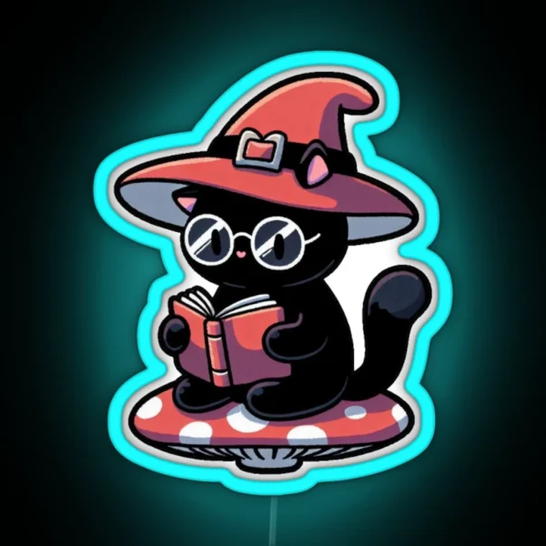 Witch Cat Reading On Mushroom RGB Neon Sign