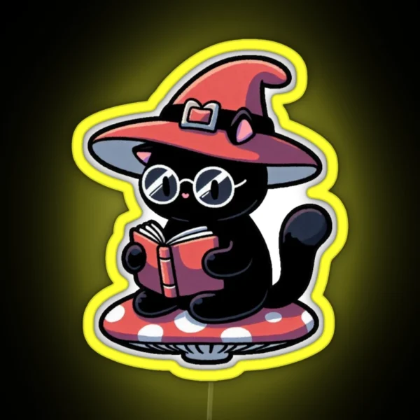 Witch Cat Reading On Mushroom RGB Neon Sign