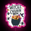 Witch's cauldron brew neon sign with pink lights on a Halloween theme.