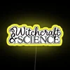Mysterious fusion of magic and technology, neon-lit sign with a blend of witchcraft and science elements