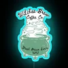 Neon sign reading 'Witches Brew Coffee' in bright blue letters with RGB glow effects.