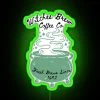 Neon sign with colorful coffee cup design reading 'Witches Brew Coffee Co'