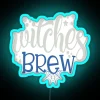 Neon sign reading 'Witches Brew' in bright blue RGB colors.