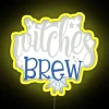 Vibrant neon sign with a witch's brew logo in bold, yellow letters on a dark background.