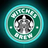Neon sign featuring a vibrant, glowing witches' brew in a blue hue.
