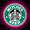 Neon sign featuring a colorful cauldron with pink lights.