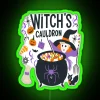 Neon sign reading 'Witches' Cauldron Brew' with green glow.
