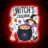 Witches cauldron with neon sign in a vibrant red color.