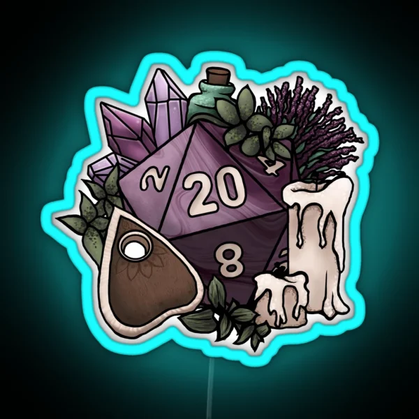 Witchy D20 Tabletop RPG Gaming Dice RGB Neon Sign