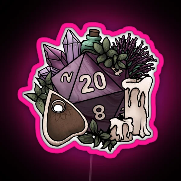 Witchy D20 Tabletop RPG Gaming Dice RGB Neon Sign