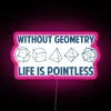 RGB neon sign with geometric design and pink background.