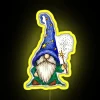 Neon sign with colorful wizard and gnome characters in a bright, bold design.