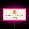 Wizard of Wines neon wine label with pink hue.