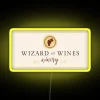 Neon wine label design with colorful, glowing typography on a yellow background
